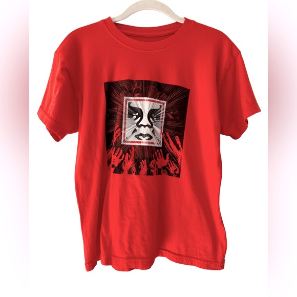 OBEY Short Sleeve T-Shirt Men’s Size Small Red & Black Idol Worship Cotton EUC - Picture 1 of 7